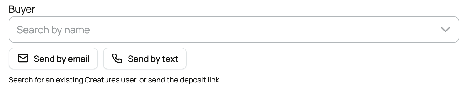 The Buyer field, with search, Send by email, and Send by text
