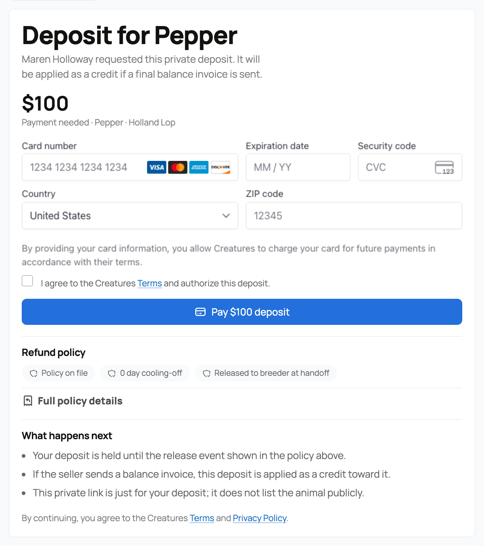 The buyer's deposit page: the amount, the card fields, the refund policy, and what happens next