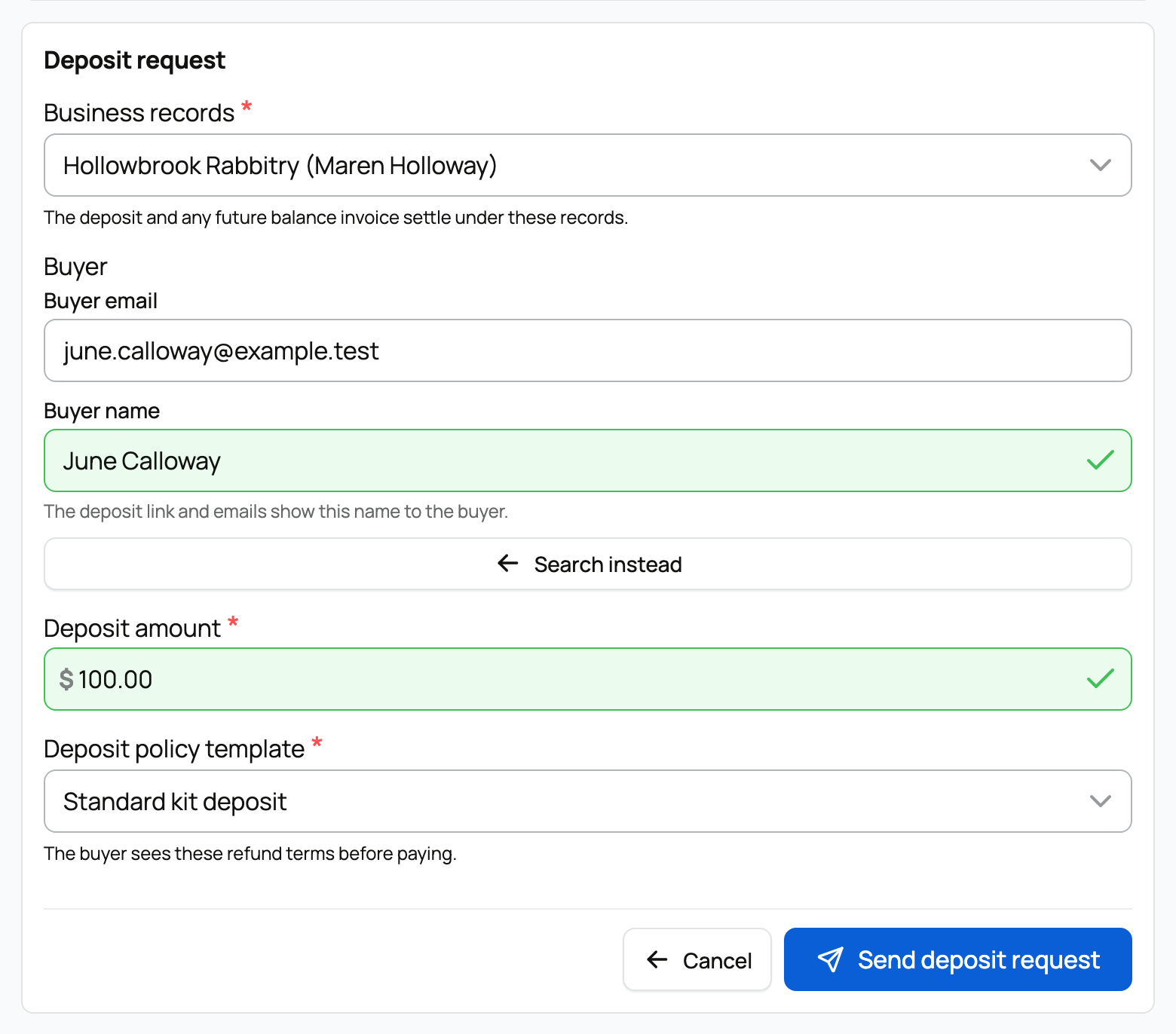 The deposit request form: business records, buyer email and name, amount, and deposit policy