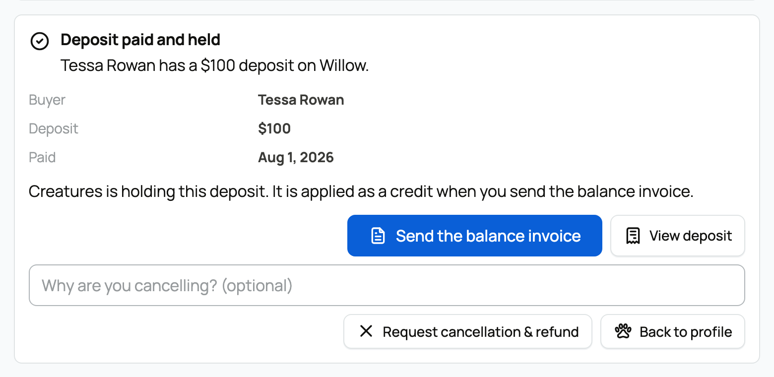 The paid deposit as the seller sees it, with Send the balance invoice