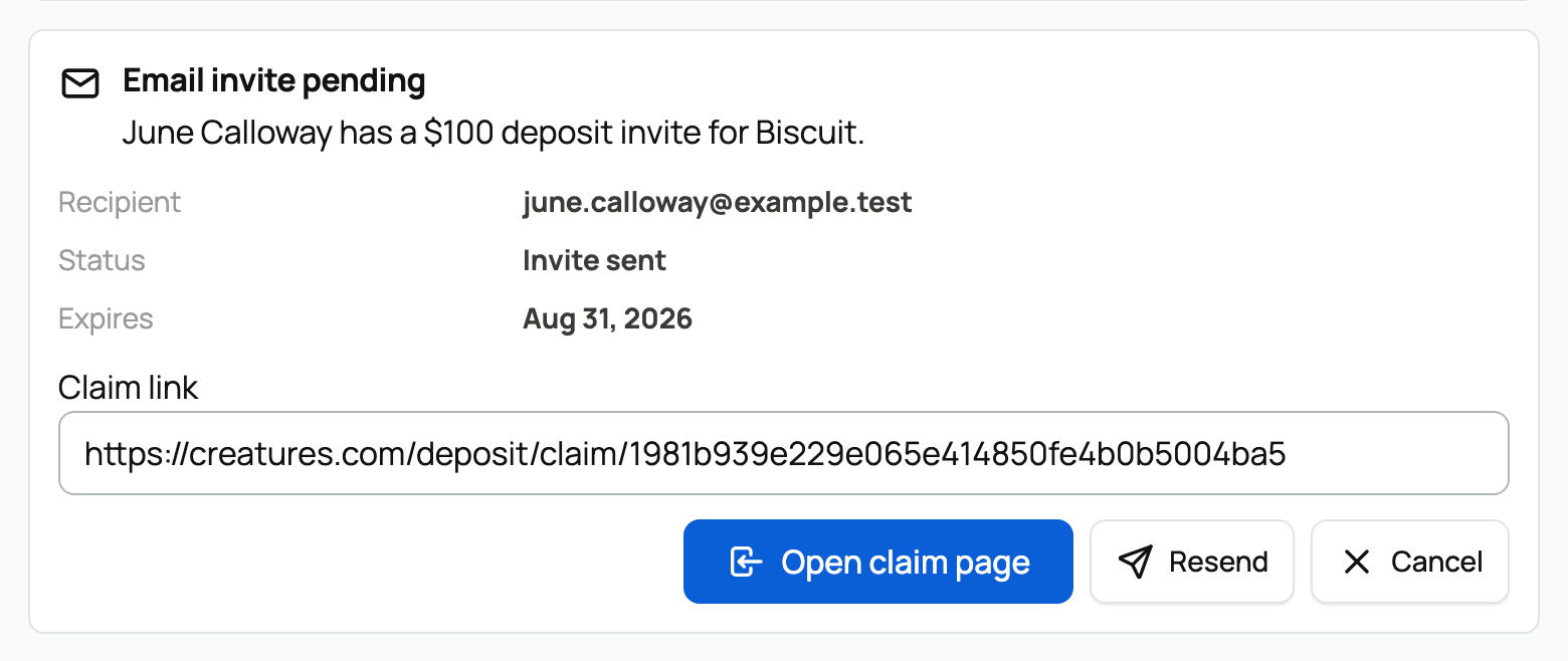The pending email invite, with the claim link, Resend, and Cancel