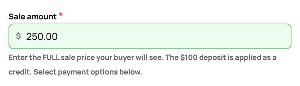 The invoice's Sale amount field, showing that the full price goes here and the deposit is credited