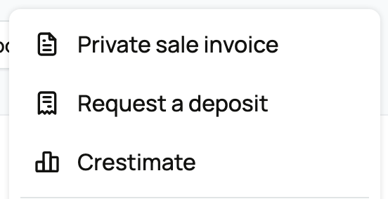The animal's More menu, with Private sale invoice and Request a deposit